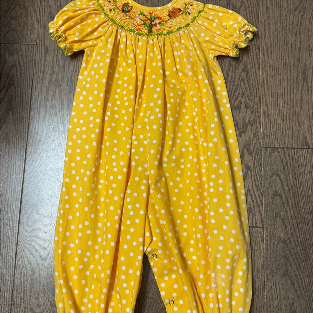 Boutique Smocked Owl & Tree Yellow Polka Dot Romper – Size 18/24M 🍂🦉